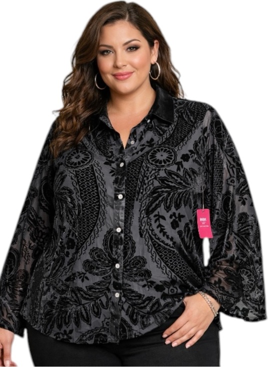 Vince Camuto Tops - Vince Camuto Sheer Velvet Burnout Blouse Black 3X NWT